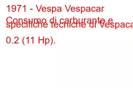 1971 - Vespa Vespacar
Consumo di carburante e specifiche tecniche di Vespacar 0.2 (11 Hp).