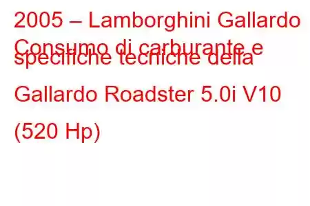 2005 – Lamborghini Gallardo
Consumo di carburante e specifiche tecniche della Gallardo Roadster 5.0i V10 (520 Hp)