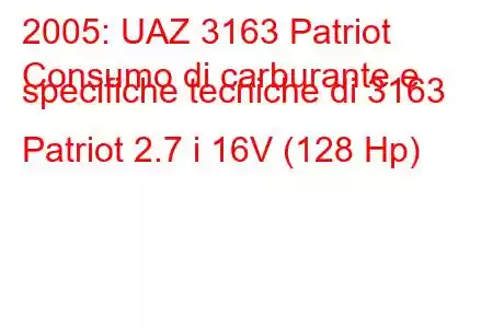 2005: UAZ 3163 Patriot
Consumo di carburante e specifiche tecniche di 3163 Patriot 2.7 i 16V (128 Hp)