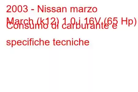 2003 - Nissan marzo
March (k12) 1.0 i 16V (65 Hp) Consumo di carburante e specifiche tecniche