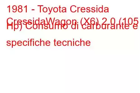 1981 - Toyota Cressida
CressidaWagon (X6) 2.0 (105 Hp) Consumo di carburante e specifiche tecniche