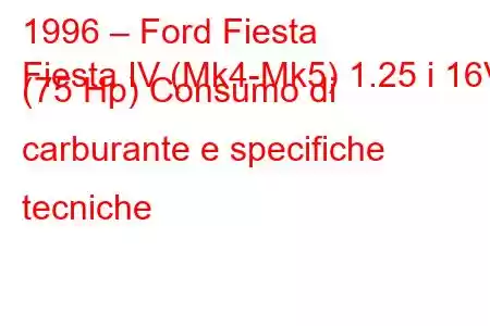 1996 – Ford Fiesta
Fiesta IV (Mk4-Mk5) 1.25 i 16V (75 Hp) Consumo di carburante e specifiche tecniche