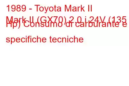 1989 - Toyota Mark II
Mark II (GX70) 2.0 i 24V (135 Hp) Consumo di carburante e specifiche tecniche