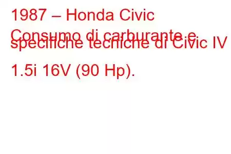 1987 – Honda Civic
Consumo di carburante e specifiche tecniche di Civic IV 1.5i 16V (90 Hp).