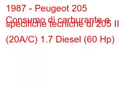 1987 - Peugeot 205
Consumo di carburante e specifiche tecniche di 205 II (20A/C) 1.7 Diesel (60 Hp)