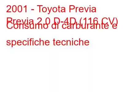 2001 - Toyota Previa
Previa 2.0 D-4D (116 CV) Consumo di carburante e specifiche tecniche