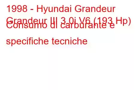 1998 - Hyundai Grandeur
Grandeur III 3.0i V6 (193 Hp) Consumo di carburante e specifiche tecniche