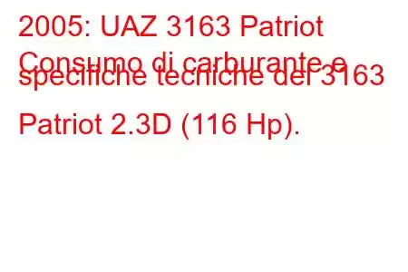 2005: UAZ 3163 Patriot
Consumo di carburante e specifiche tecniche del 3163 Patriot 2.3D (116 Hp).