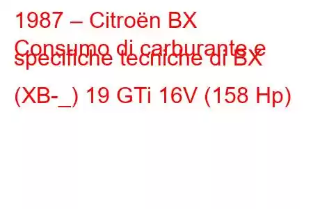 1987 – Citroën BX
Consumo di carburante e specifiche tecniche di BX (XB-_) 19 GTi 16V (158 Hp)