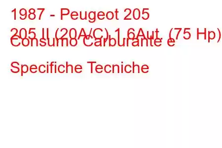 1987 - Peugeot 205
205 II (20A/C) 1.6Aut. (75 Hp) Consumo Carburante e Specifiche Tecniche