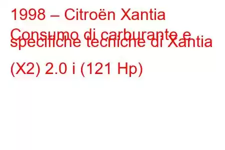 1998 – Citroën Xantia
Consumo di carburante e specifiche tecniche di Xantia (X2) 2.0 i (121 Hp)