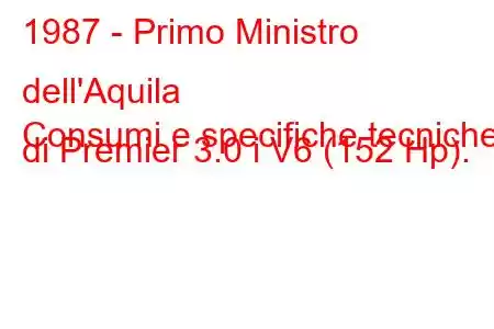 1987 - Primo Ministro dell'Aquila
Consumi e specifiche tecniche di Premier 3.0 i V6 (152 Hp).