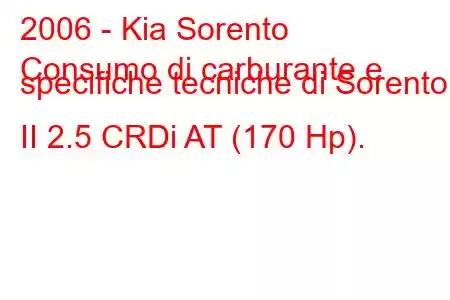 2006 - Kia Sorento
Consumo di carburante e specifiche tecniche di Sorento II 2.5 CRDi AT (170 Hp).