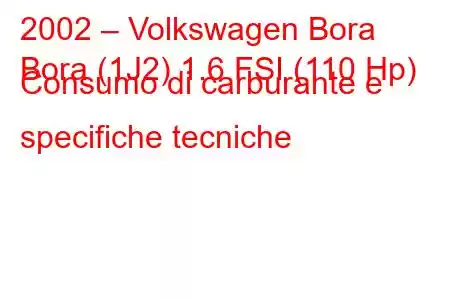 2002 – Volkswagen Bora
Bora (1J2) 1.6 FSI (110 Hp) Consumo di carburante e specifiche tecniche