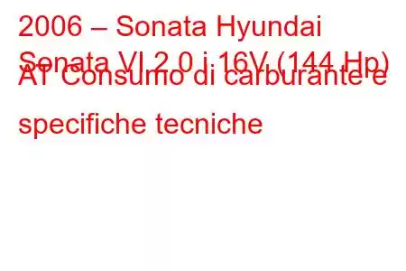 2006 – Sonata Hyundai
Sonata VI 2.0 i 16V (144 Hp) AT Consumo di carburante e specifiche tecniche