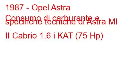 1987 - Opel Astra
Consumo di carburante e specifiche tecniche di Astra Mk II Cabrio 1.6 i KAT (75 Hp)