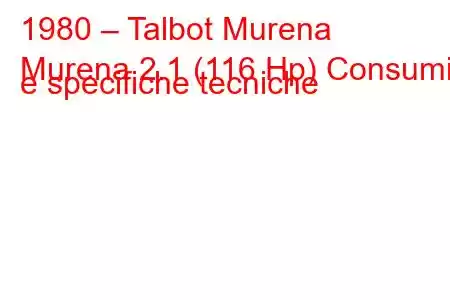 1980 – Talbot Murena
Murena 2.1 (116 Hp) Consumi e specifiche tecniche