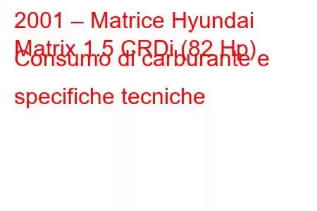 2001 – Matrice Hyundai
Matrix 1.5 CRDi (82 Hp) Consumo di carburante e specifiche tecniche