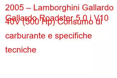 2005 – Lamborghini Gallardo
Gallardo Roadster 5.0 i V10 40V (500 Hp) Consumo di carburante e specifiche tecniche