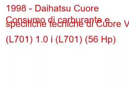 1998 - Daihatsu Cuore
Consumo di carburante e specifiche tecniche di Cuore VI (L701) 1.0 i (L701) (56 Hp)