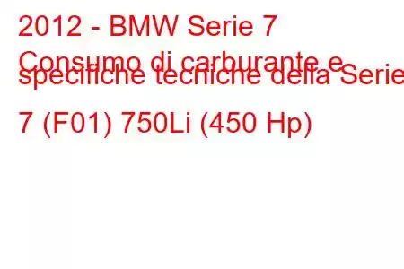 2012 - BMW Serie 7
Consumo di carburante e specifiche tecniche della Serie 7 (F01) 750Li (450 Hp)