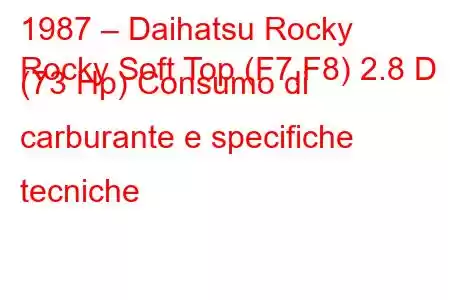 1987 – Daihatsu Rocky
Rocky Soft Top (F7,F8) 2.8 D (73 Hp) Consumo di carburante e specifiche tecniche