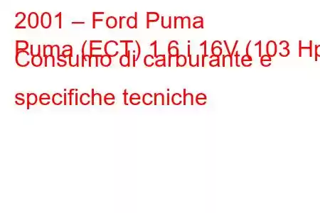 2001 – Ford Puma
Puma (ECT) 1.6 i 16V (103 Hp) Consumo di carburante e specifiche tecniche