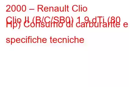 2000 – Renault Clio
Clio II (B/C/SB0) 1.9 dTi (80 Hp) Consumo di carburante e specifiche tecniche