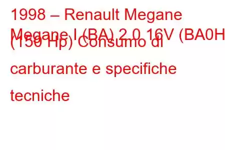 1998 – Renault Megane
Megane I (BA) 2.0 16V (BA0H) (150 Hp) Consumo di carburante e specifiche tecniche