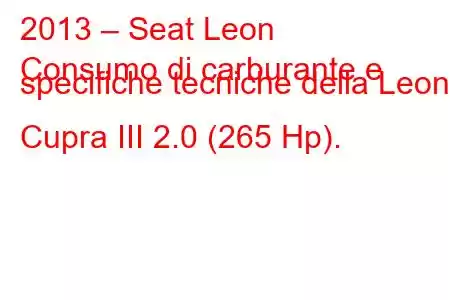 2013 – Seat Leon
Consumo di carburante e specifiche tecniche della Leon Cupra III 2.0 (265 Hp).