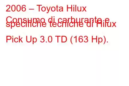 2006 – Toyota Hilux
Consumo di carburante e specifiche tecniche di Hilux Pick Up 3.0 TD (163 Hp).