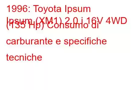 1996: Toyota Ipsum
Ipsum (XM1) 2.0 i 16V 4WD (135 Hp) Consumo di carburante e specifiche tecniche