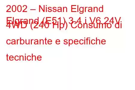 2002 – Nissan Elgrand
Elgrand (E51) 3.4 i V6 24V 4WD (240 Hp) Consumo di carburante e specifiche tecniche