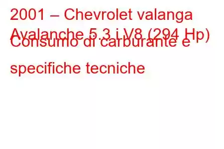 2001 – Chevrolet valanga
Avalanche 5.3 i V8 (294 Hp) Consumo di carburante e specifiche tecniche