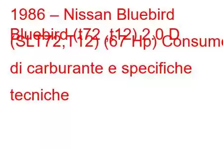 1986 – Nissan Bluebird
Bluebird (t72 ,t12) 2.0 D (SLT72,T12) (67 Hp) Consumo di carburante e specifiche tecniche