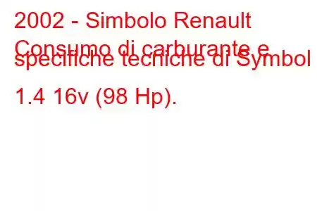 2002 - Simbolo Renault
Consumo di carburante e specifiche tecniche di Symbol 1.4 16v (98 Hp).