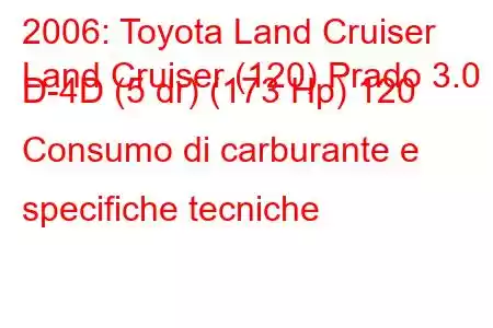 2006: Toyota Land Cruiser
Land Cruiser (120) Prado 3.0 D-4D (5 dr) (173 Hp) 120 Consumo di carburante e specifiche tecniche