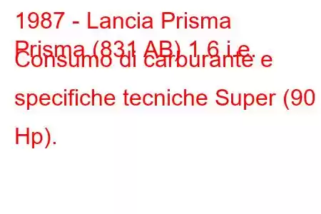 1987 - Lancia Prisma
Prisma (831 AB) 1.6 i.e. Consumo di carburante e specifiche tecniche Super (90 Hp).