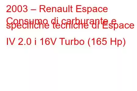 2003 – Renault Espace
Consumo di carburante e specifiche tecniche di Espace IV 2.0 i 16V Turbo (165 Hp)