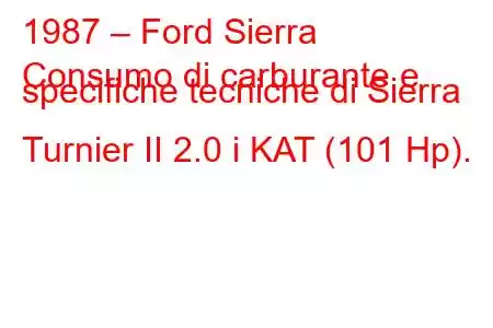 1987 – Ford Sierra
Consumo di carburante e specifiche tecniche di Sierra Turnier II 2.0 i KAT (101 Hp).