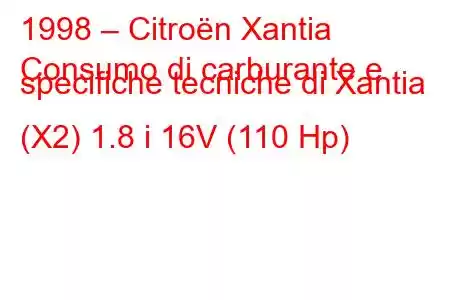 1998 – Citroën Xantia
Consumo di carburante e specifiche tecniche di Xantia (X2) 1.8 i 16V (110 Hp)