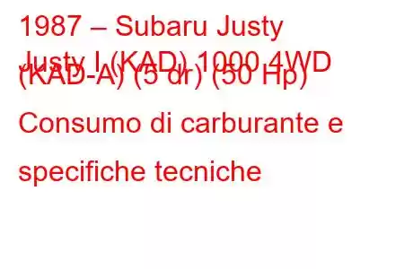 1987 – Subaru Justy
Justy I (KAD) 1000 4WD (KAD-A) (5 dr) (50 Hp) Consumo di carburante e specifiche tecniche