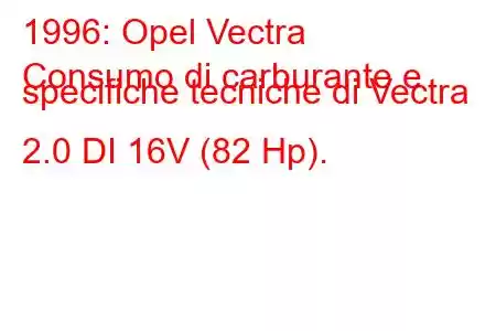 1996: Opel Vectra
Consumo di carburante e specifiche tecniche di Vectra 2.0 DI 16V (82 Hp).