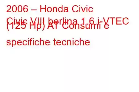 2006 – Honda Civic
Civic VIII berlina 1.6 i-VTEC (125 Hp) AT Consumi e specifiche tecniche