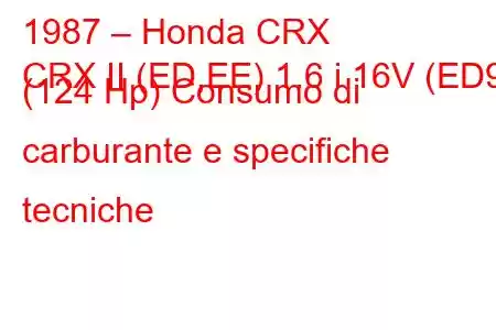 1987 – Honda CRX
CRX II (ED,EE) 1.6 i 16V (ED9) (124 Hp) Consumo di carburante e specifiche tecniche