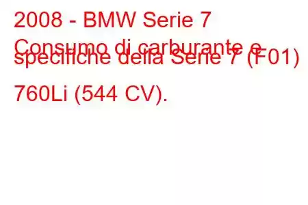 2008 - BMW Serie 7
Consumo di carburante e specifiche della Serie 7 (F01) 760Li (544 CV).