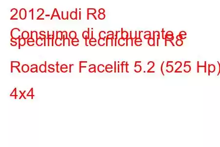 2012-Audi R8
Consumo di carburante e specifiche tecniche di R8 Roadster Facelift 5.2 (525 Hp) 4x4