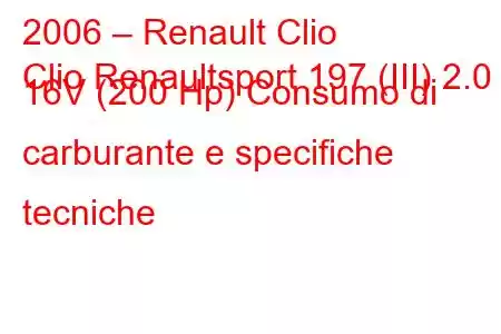 2006 – Renault Clio
Clio Renaultsport 197 (III) 2.0 i 16V (200 Hp) Consumo di carburante e specifiche tecniche