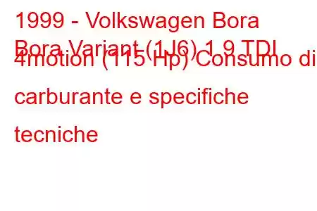 1999 - Volkswagen Bora
Bora Variant (1J6) 1.9 TDI 4motion (115 Hp) Consumo di carburante e specifiche tecniche