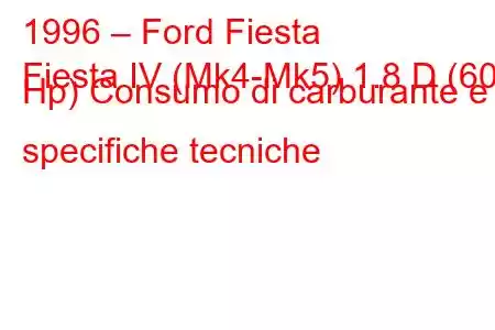 1996 – Ford Fiesta
Fiesta IV (Mk4-Mk5) 1.8 D (60 Hp) Consumo di carburante e specifiche tecniche